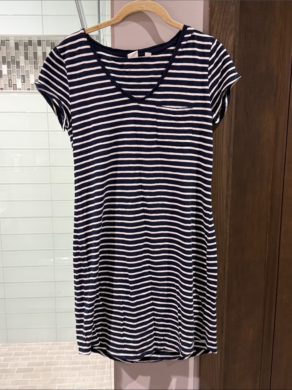 GAP Navy and White Striped V-Neck T-Shirt Dress